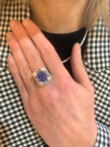 Bague 54.5 Bague - Saphir de Ceylan 4,66 ct et diamants en platine et or gris 18 carats 58 Facettes BSA92