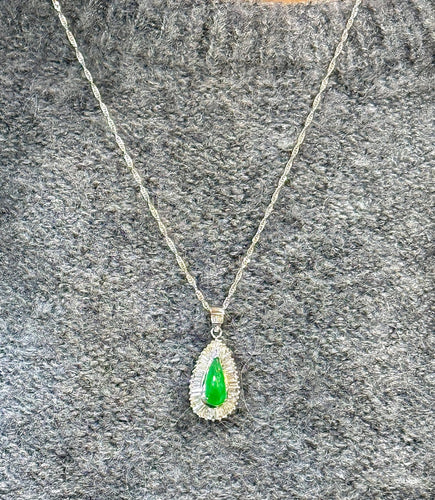 Collier Chaîne et pendentif poire en or blanc 18 ct, jade vert et diamants 58 Facettes 87816-90851 ac12745