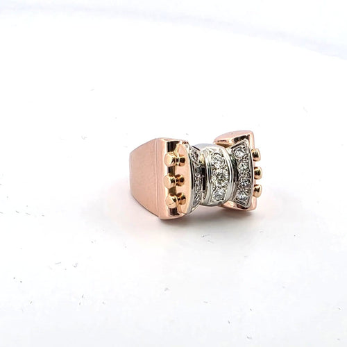 Bague 52 Bague années 80 style demodè en or rose et blanc 18 ct diamants 58 Facettes 223/26 C
