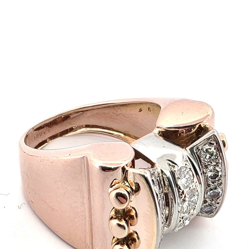 Bague 52 Bague années 80 style demodè en or rose et blanc 18 ct diamants 58 Facettes 223/26 C