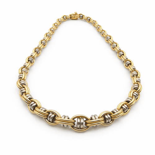 Collier Collier maille fantaisie en or jaune et or blanc 18 carats, diamant 58 Facettes Collier Maille fantaisie 2 Ors  18 carats