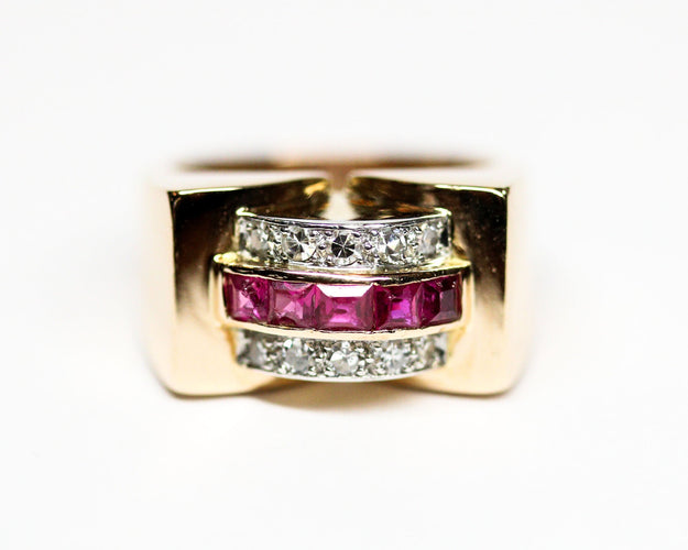 Bague 55 Bague tank 1940 en or rose 750 rubis Verneuil et diamants 58 Facettes A12005