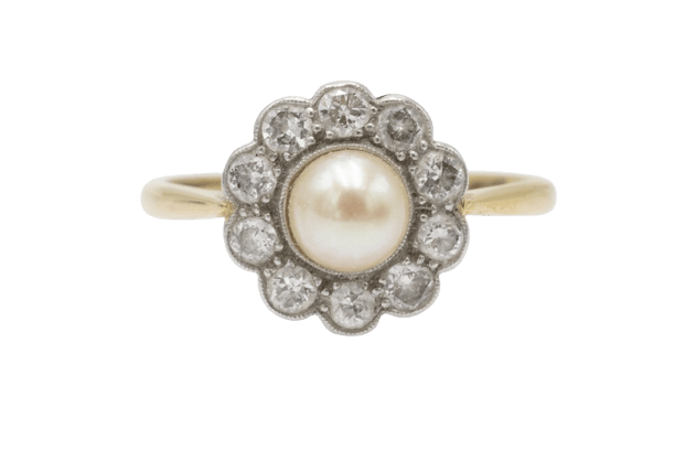 Bague 56 Bague marguerite - Or jaune 750 et platine, perle et diamants 58 Facettes 11225