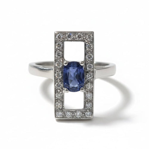 Bague 55 Bague rectangulaire en or blanc 18 carats avec saphir et diamants 58 Facettes 1-0001052/2