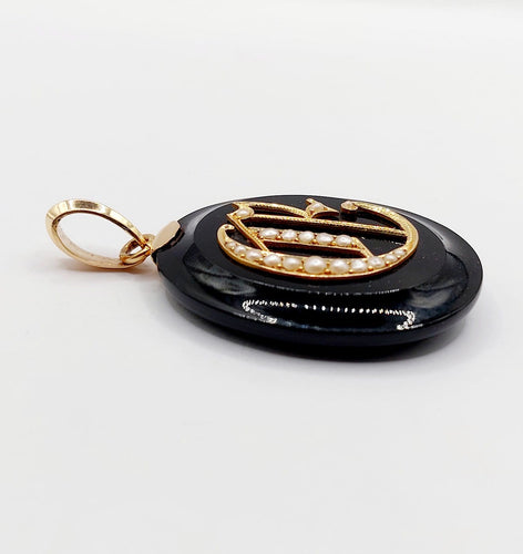 Pendentif Pendentif porte-photo XXL en or 18k, onyx et perles (circa 1900) 58 Facettes A06986