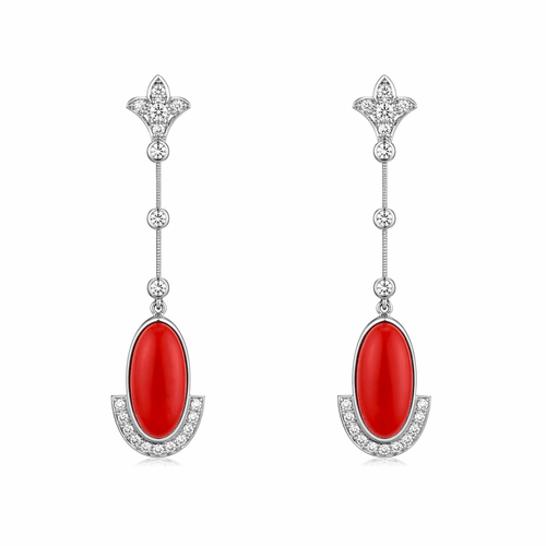 Boucles d'oreilles Boucles d'oreilles longues Art déco en platine, corail et diamants 58 Facettes 50444