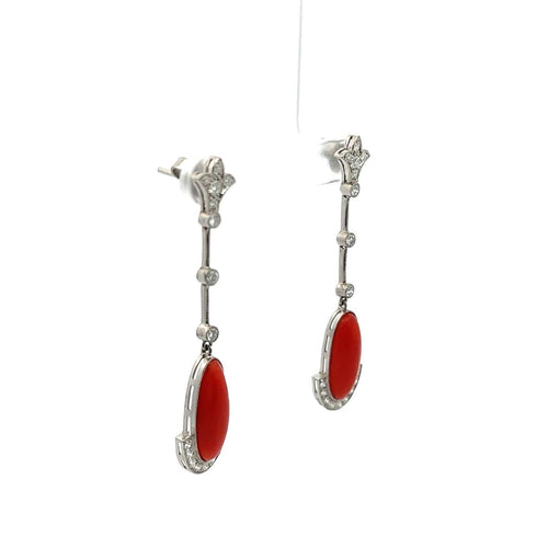 Boucles d'oreilles Boucles d'oreilles longues Art déco en platine, corail et diamants 58 Facettes 50444