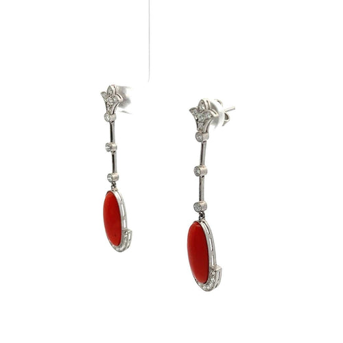 Boucles d'oreilles Boucles d'oreilles longues Art déco en platine, corail et diamants 58 Facettes 50444