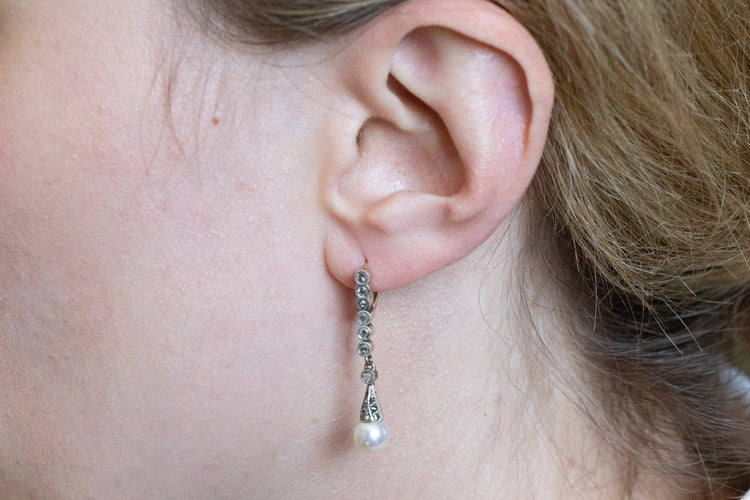 Boucles d'oreilles Art déco - Boucles d'oreilles en or jaune 585 et platine, perles et diamants 58 Facettes 12114