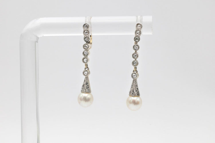 Boucles d'oreilles Art déco - Boucles d'oreilles en or jaune 585 et platine, perles et diamants 58 Facettes 12114