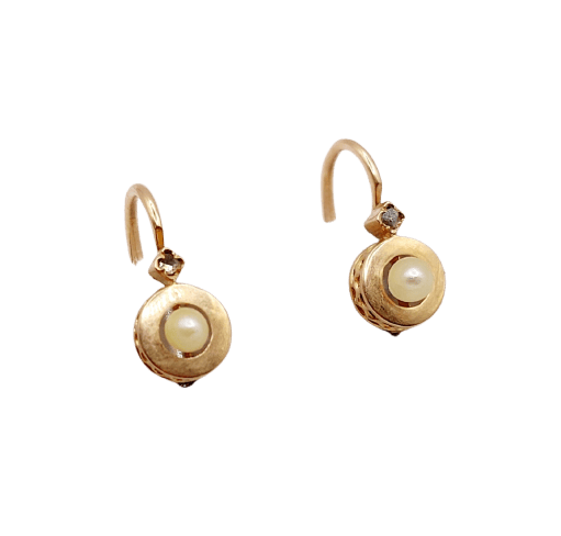 Boucles d'oreilles Dormeuses anciennes en or rose 18k avec perles et diamants 58 Facettes A07009