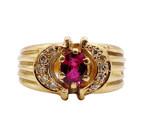 Bague rétro en or 18k avec rubis synthétique et diamants 58 Facettes A01910