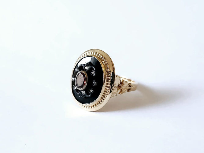 Bague 53 Bague - Onyx, grenat et diamants taille rose en or jaune 18 carats 58 Facettes VERM251219-171