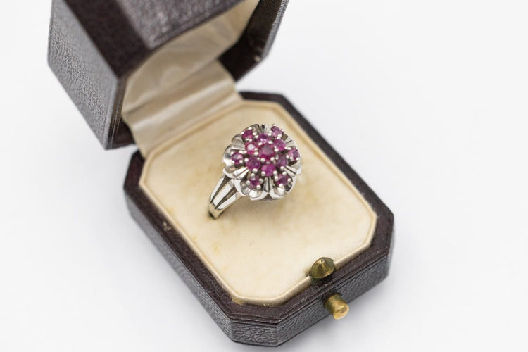 Bague 59 Bague vintage dôme en or blanc 585 sertie de rubis 58 Facettes KGN1