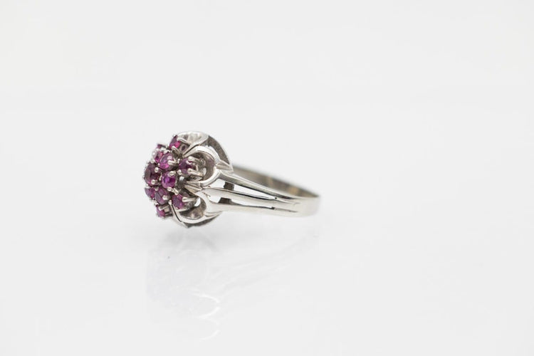 Bague 59 Bague vintage dôme en or blanc 585 sertie de rubis 58 Facettes KGN1