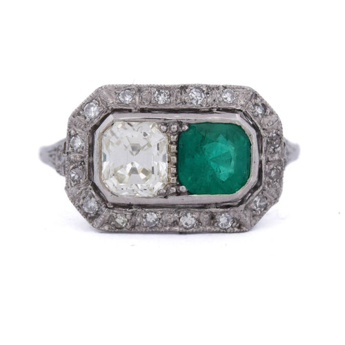 Bague 59 Art déco - Bague en platine 950 avec émeraude et diamants 58 Facettes AN631 P25 (05929)
