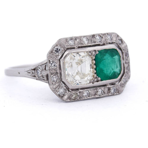 Bague 59 Art déco - Bague en platine 950 avec émeraude et diamants 58 Facettes AN631 P25 (05929)