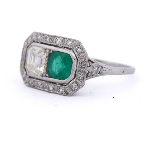 Bague 59 Art déco - Bague en platine 950 avec émeraude et diamants 58 Facettes AN631 P25 (05929)