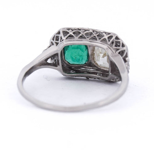 Bague 59 Art déco - Bague en platine 950 avec émeraude et diamants 58 Facettes AN631 P25 (05929)