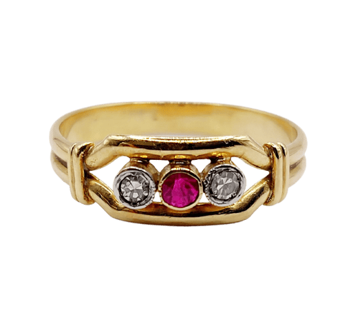 Bague 52.5 Art déco - Bague jarretière en or 18k avec rubis synthétique et diamants 58 Facettes A07035