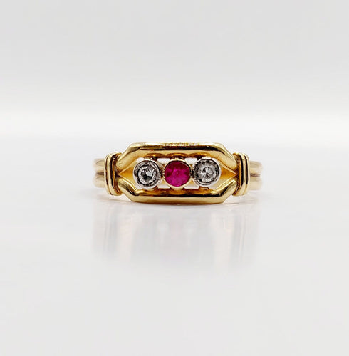 Bague 52.5 Art déco - Bague jarretière en or 18k avec rubis synthétique et diamants 58 Facettes A07035