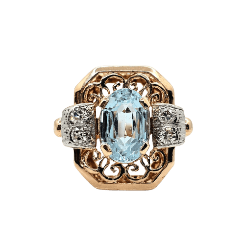 Bague 52 Bague cocktail vintage en or rose 18 carats, aigue-marine et diamants 58 Facettes 640