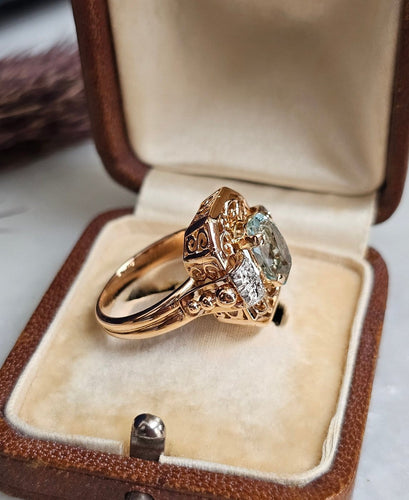 Bague 52 Bague cocktail vintage en or rose 18 carats, aigue-marine et diamants 58 Facettes 640
