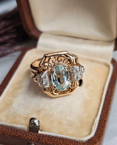 Bague 52 Bague cocktail vintage en or rose 18 carats, aigue-marine et diamants 58 Facettes 640