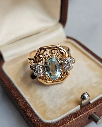 Bague 52 Bague cocktail vintage en or rose 18 carats, aigue-marine et diamants 58 Facettes 640