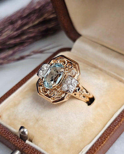 Bague 52 Bague cocktail vintage en or rose 18 carats, aigue-marine et diamants 58 Facettes 640