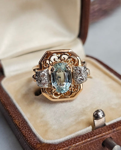 Bague 52 Bague cocktail vintage en or rose 18 carats, aigue-marine et diamants 58 Facettes 640