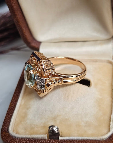 Bague 52 Bague cocktail vintage en or rose 18 carats, aigue-marine et diamants 58 Facettes 640