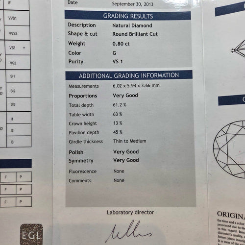 Diamant naturel 0,80 ct G/VS1 58 Facettes BO/260016