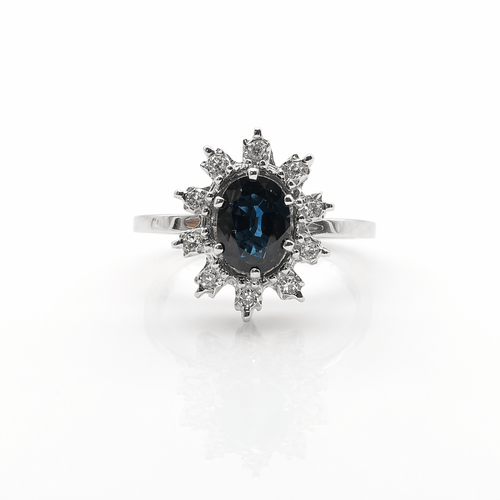 Bague 53 Bague marguerite en or blanc 18 carats, saphir et diamants 58 Facettes Bague marguerite en or saphir et diamants