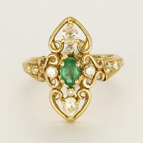 Bague 53 Bague marquise en or jaune, émeraude et diamants 58 Facettes 260286