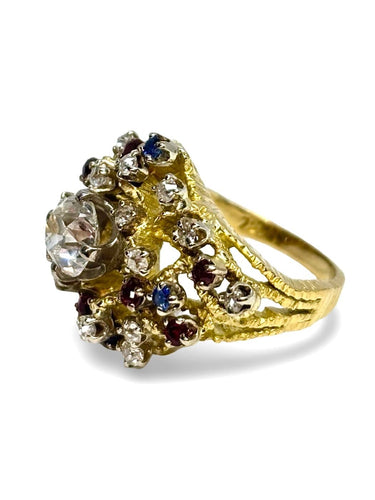 Bague 53 Bague ancienne en or jaune 18K avec diamants, saphirs et rubis 58 Facettes 1873