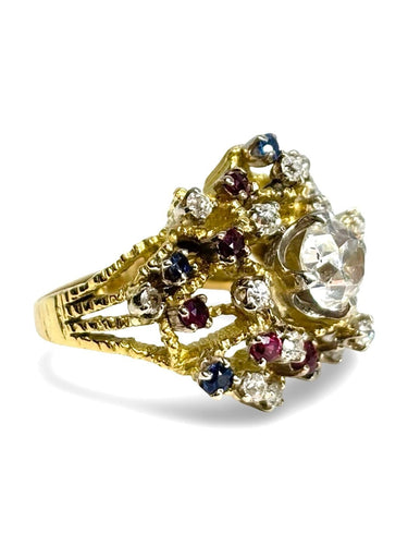 Bague 53 Bague ancienne en or jaune 18K avec diamants, saphirs et rubis 58 Facettes 1873