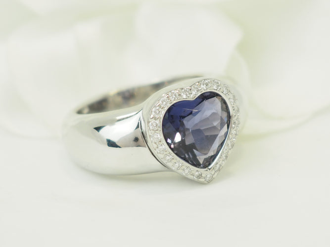 Bague 56 Poiray - Bague cœur en or blanc 18 ct avec tanzanite et diamants 58 Facettes 33744