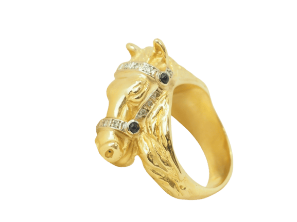 Bague 63 Bague tête de cheval en or jaune 18 carats, diamants et saphirs 58 Facettes 33731