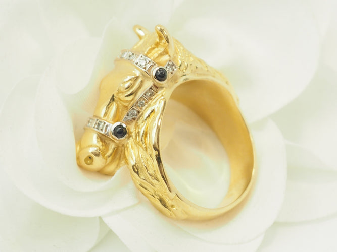 Bague 63 Bague tête de cheval en or jaune 18 carats, diamants et saphirs 58 Facettes 33731