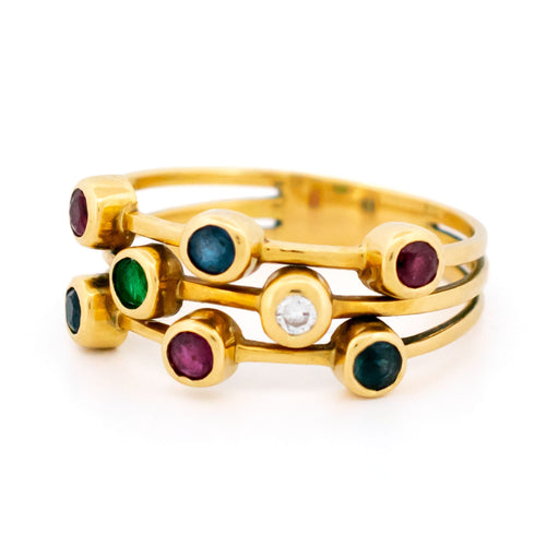 Bague 52.5 Bague multibandes en or jaune 14k avec diamants, saphirs, rubis et émeraudes 58 Facettes D7F5A59B63AF4B04AB99E64F9EDAAE62