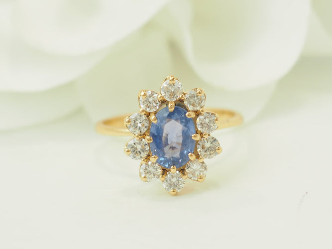 Bague 50.5 Bague entourage en or jaune 18 kt saphir Ceylan 1 ct et diamants 58 Facettes 33720