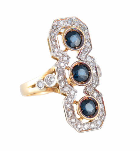 Art Déco - Bague en or jaune saphirs et diamants