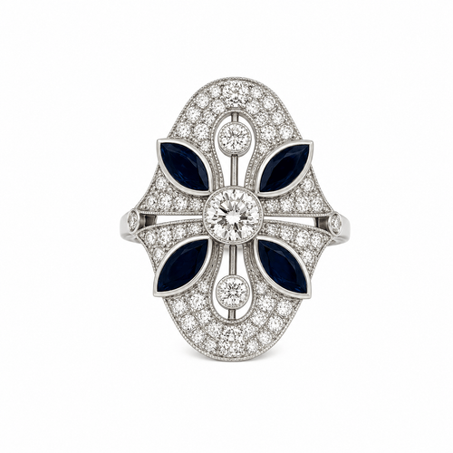 Bague 54 Art déco - Bague fleur en or blanc 18k saphirs et diamants pavés 58 Facettes 50458