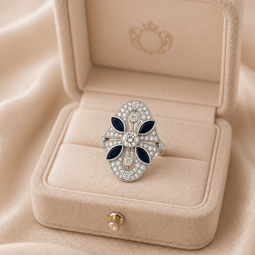 Bague 54 Art déco - Bague fleur en or blanc 18k saphirs et diamants pavés 58 Facettes 50458