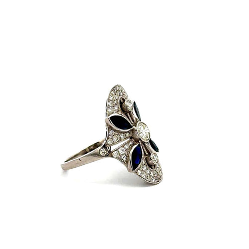 Bague 54 Art déco - Bague fleur en or blanc 18k saphirs et diamants pavés 58 Facettes 50458