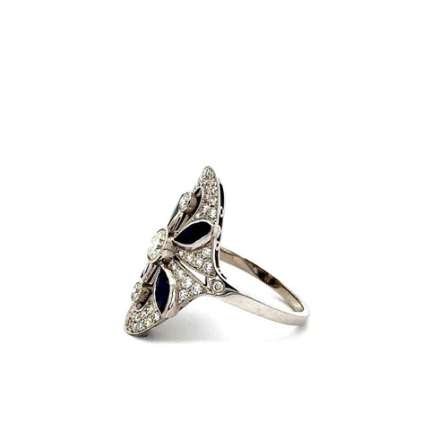 Bague 54 Art déco - Bague fleur en or blanc 18k saphirs et diamants pavés 58 Facettes 50458