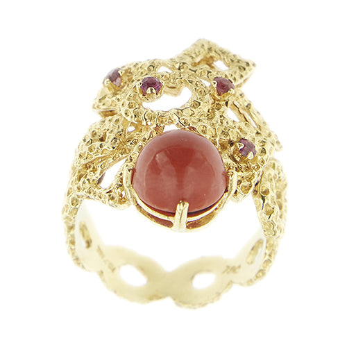 Bague Bague - Corail cabochon et rubis en or jaune 18 ct 58 Facettes 39754