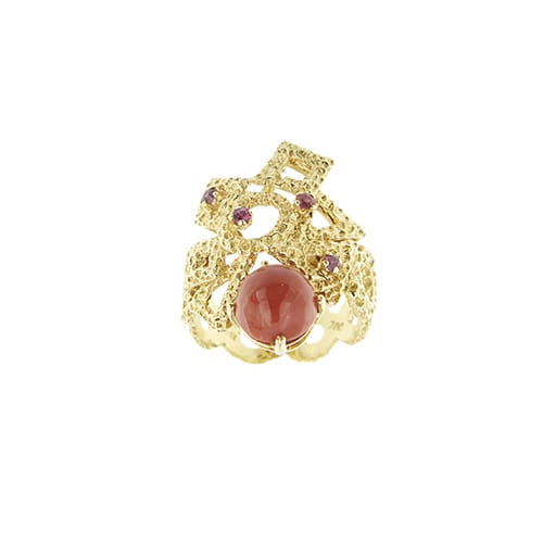 Bague Bague - Corail cabochon et rubis en or jaune 18 ct 58 Facettes 39754