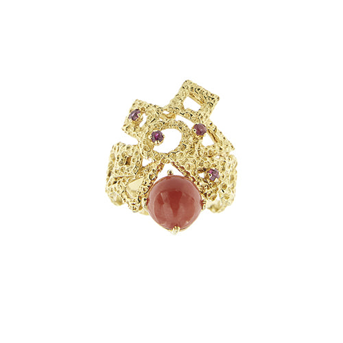 Bague Bague - Corail cabochon et rubis en or jaune 18 ct 58 Facettes 39754